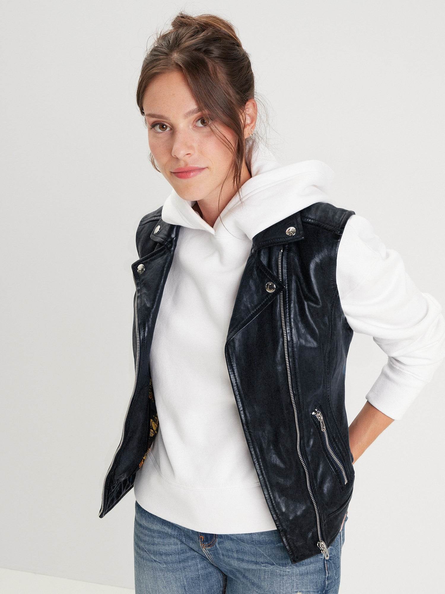 MDM Gilet Motard Cuir Agneau Véritable Avec Boutons-Pression - Noir Slim Fit