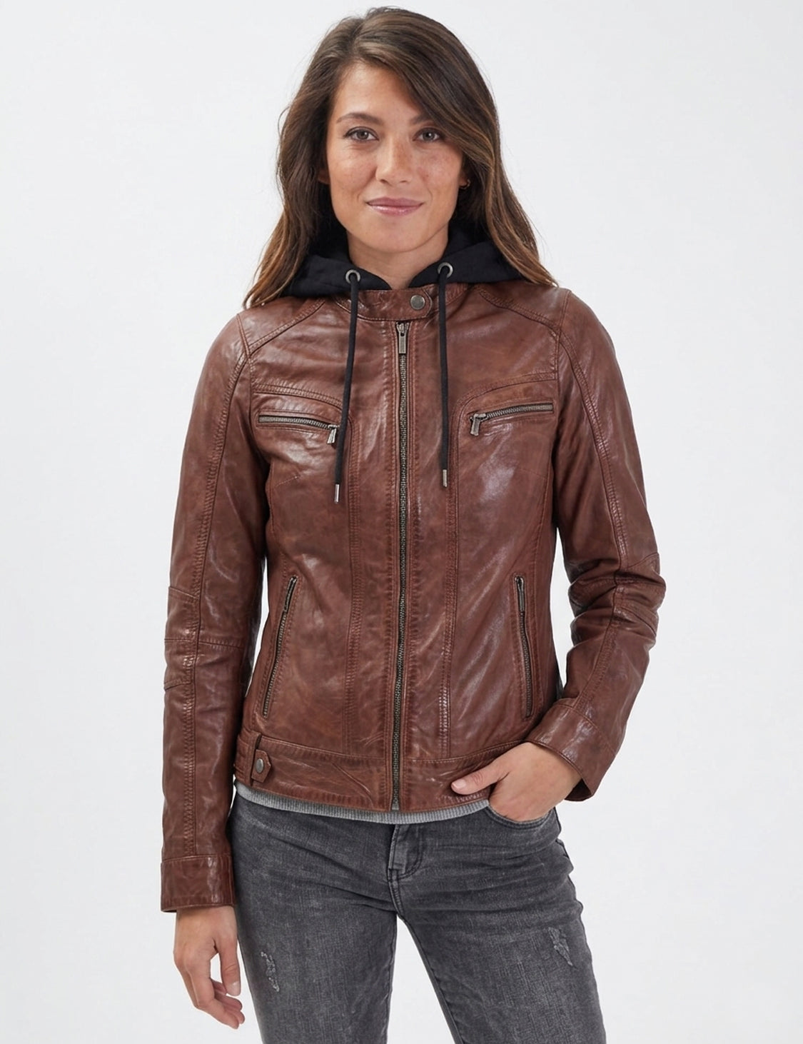 Silene hood - Blouson cuir capuche femme