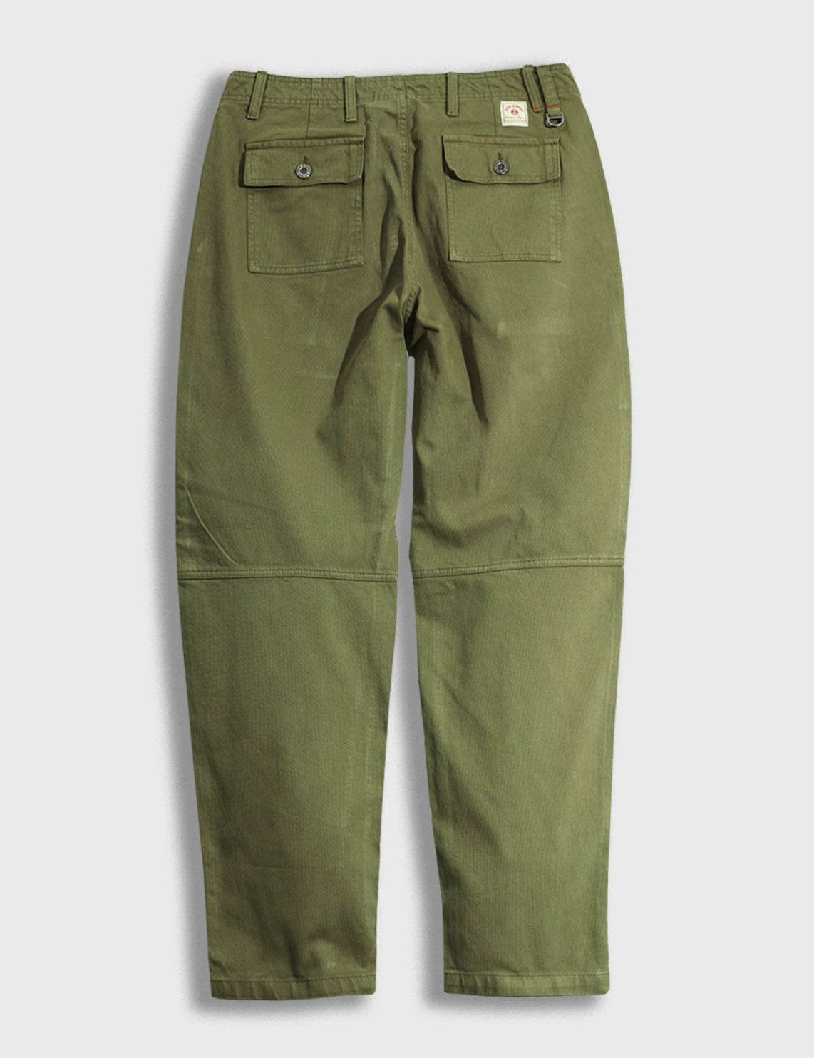 Olive green pants with two back pockets and belt loops, displayed on a white background. Rugged and casual style.