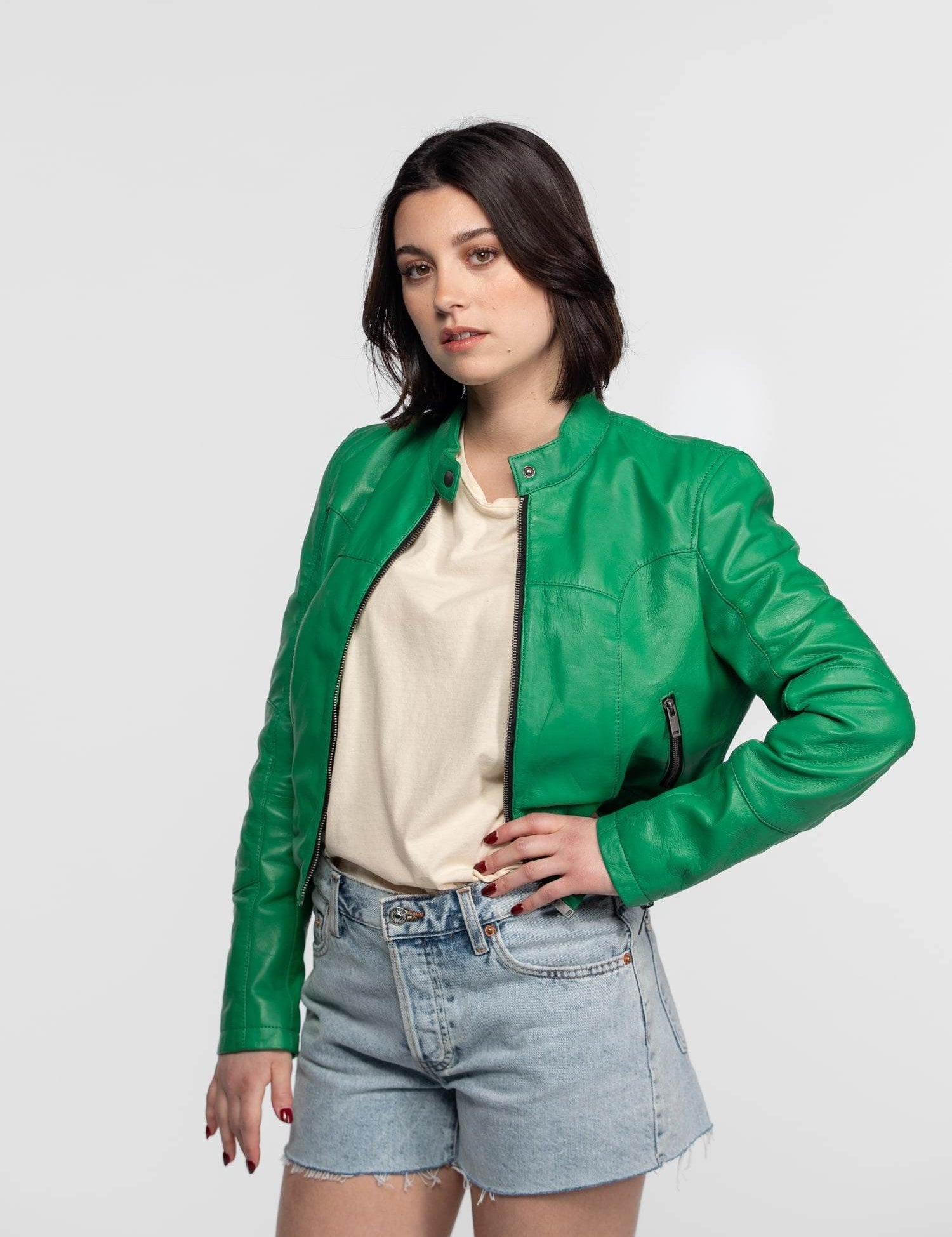 Lola - Veste cuir col rond femme
