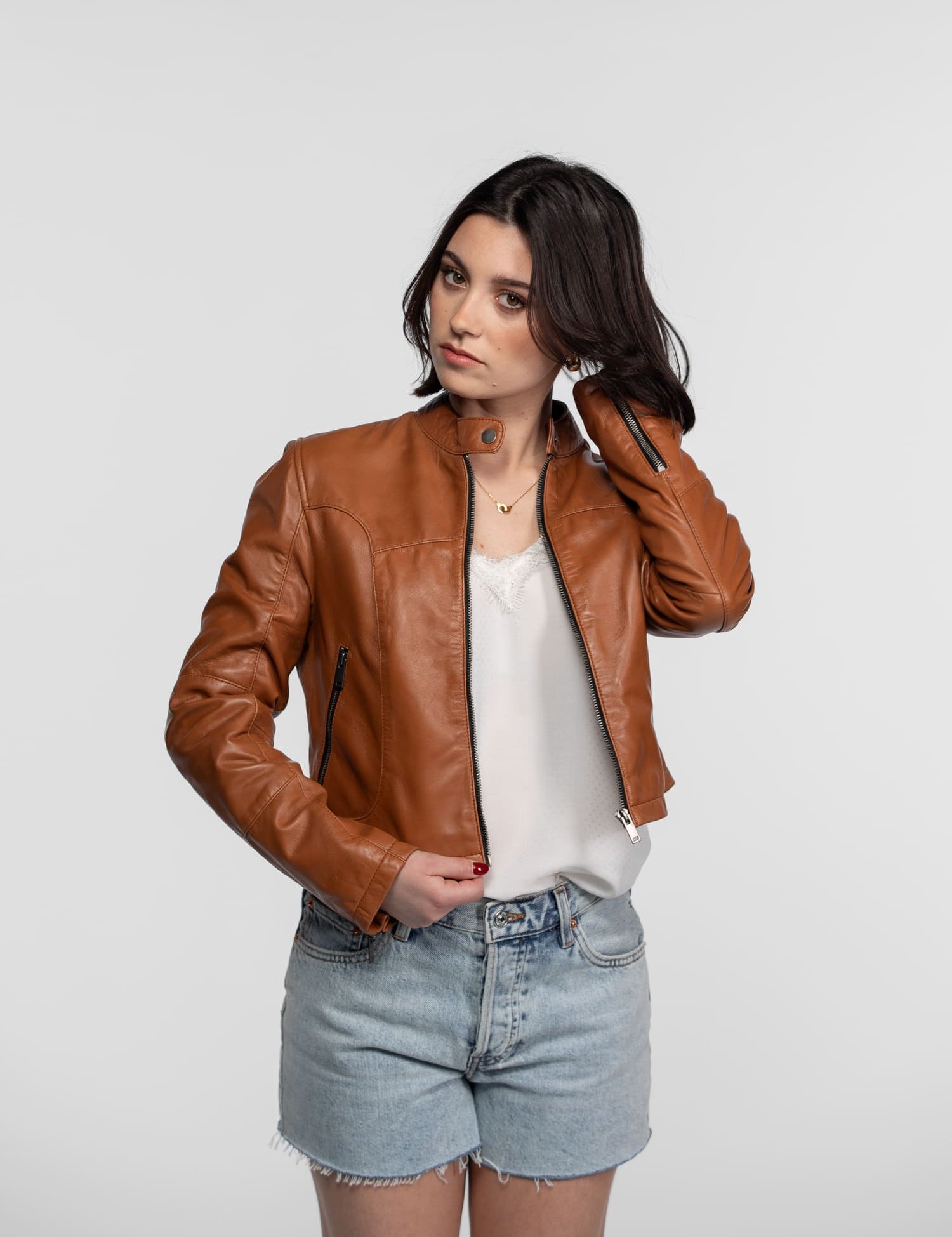 Lola - Veste cuir col rond femme
