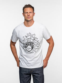 T-shirt blanc avec imprimé graphique noir d'un singe motard.