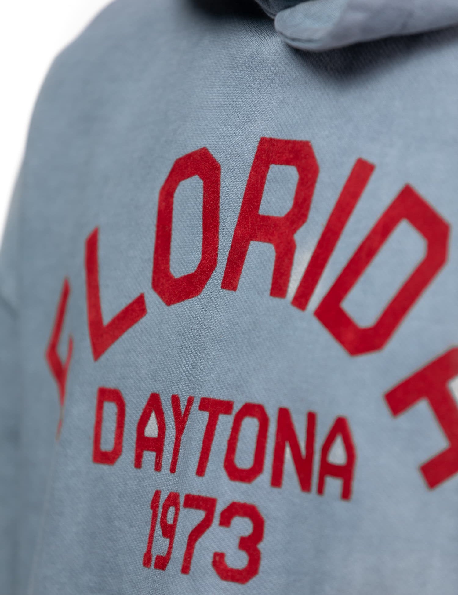 Sweat à capuche bleu délavé avec imprimé rouge Florida 1973.