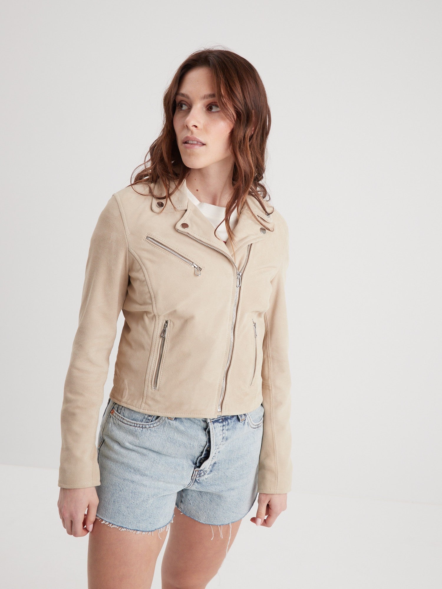 Veste cuir femme beige sale