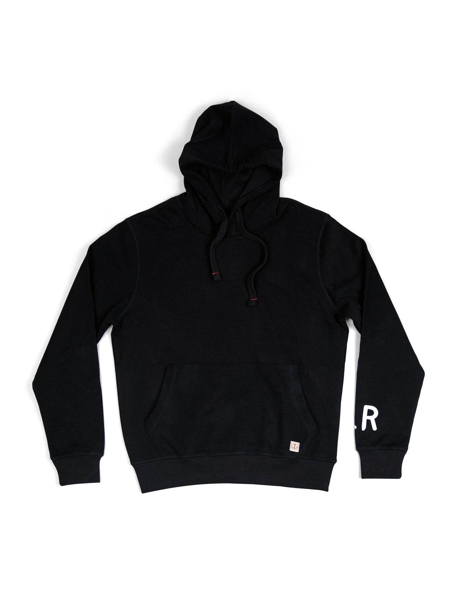 Black hoodie with drawstrings and front pocket, featuring a small logo patch and white "R" on the right sleeve.