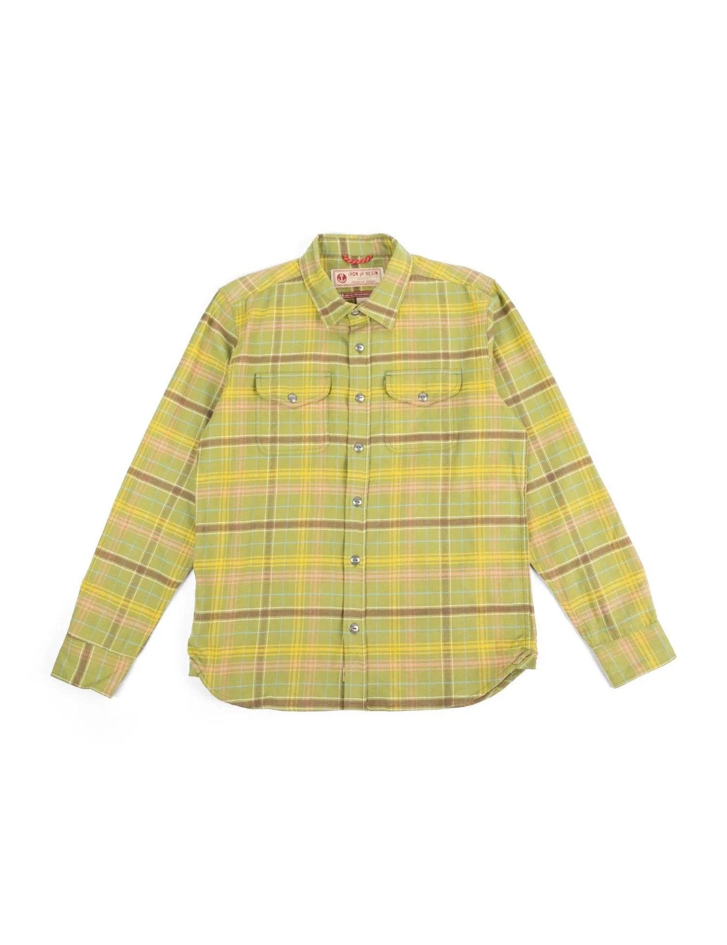 Green and yellow plaid shirt with front pockets and buttons, laid flat on a white background, showcasing casual style.