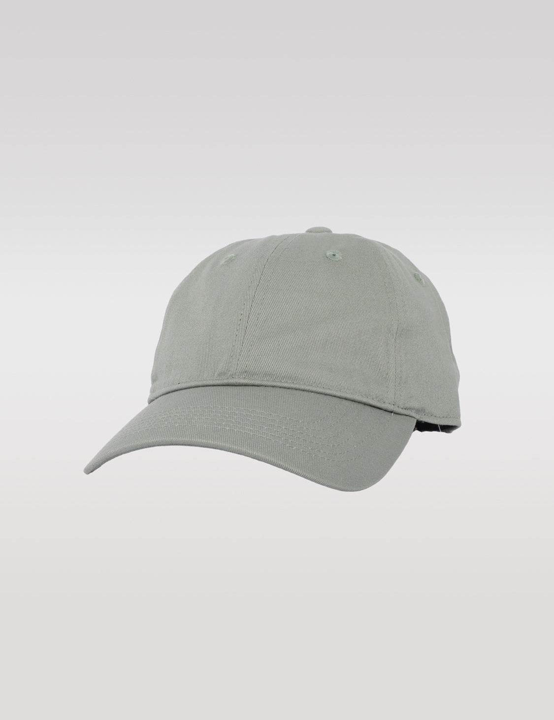 A light gray baseball cap with a curved brim is centered against a plain white background, showcasing its simple design.