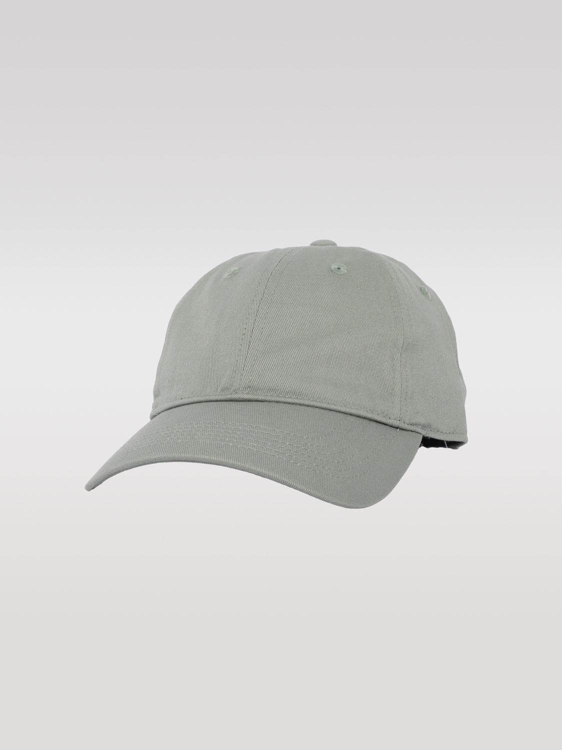 A light gray baseball cap with a curved brim is centered against a plain white background, showcasing its simple design.