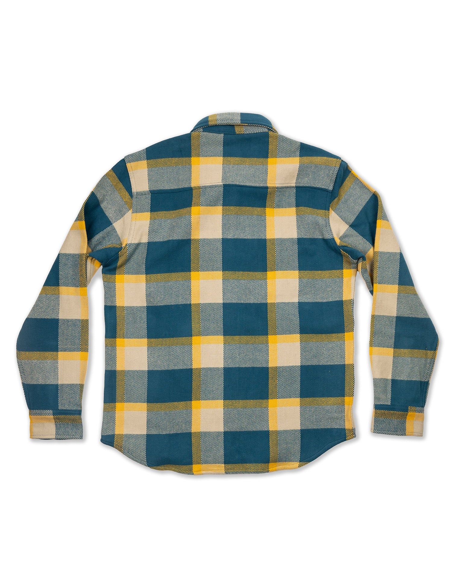 Dos d'une chemise à carreaux bleus et jaunes.