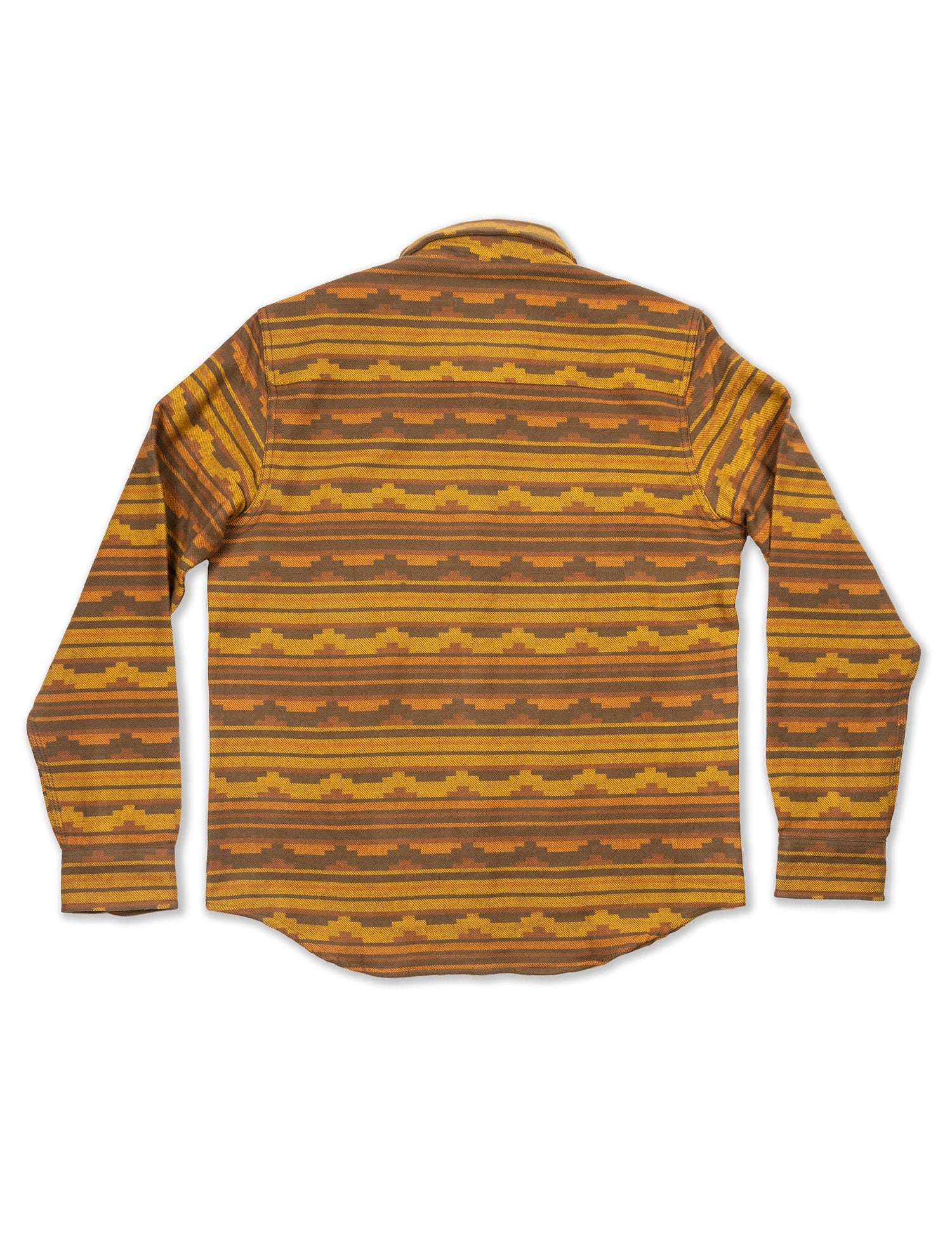 Back view of a long-sleeve shirt with a brown and yellow geometric pattern, featuring horizontal stripes and zigzag designs.