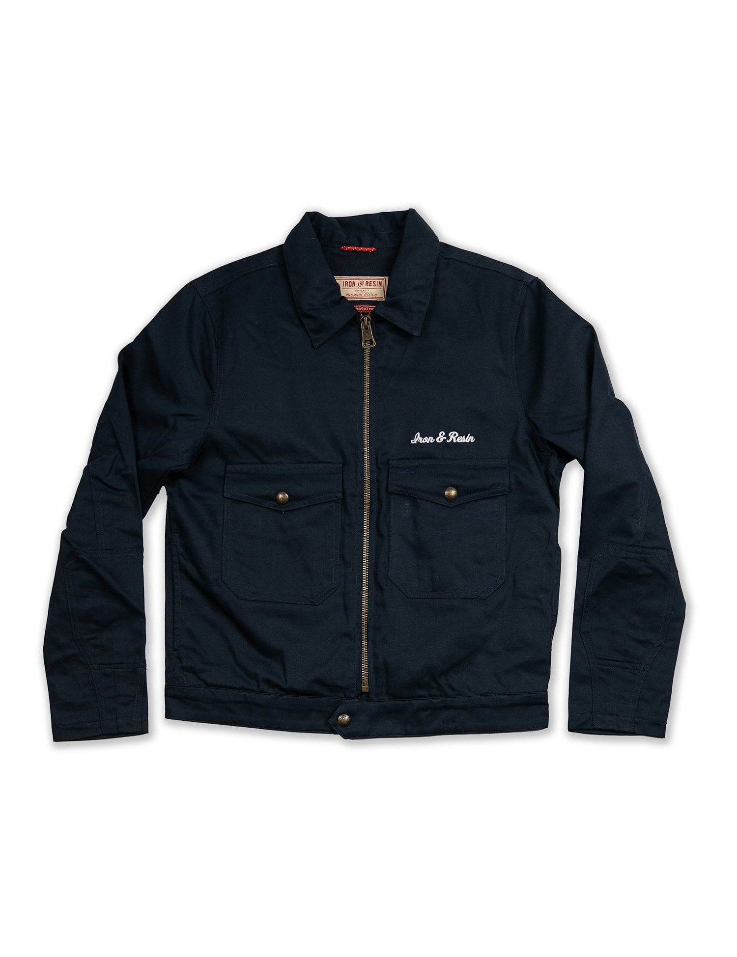 Veste bleu marine avec logo Iron & Resin blanc.