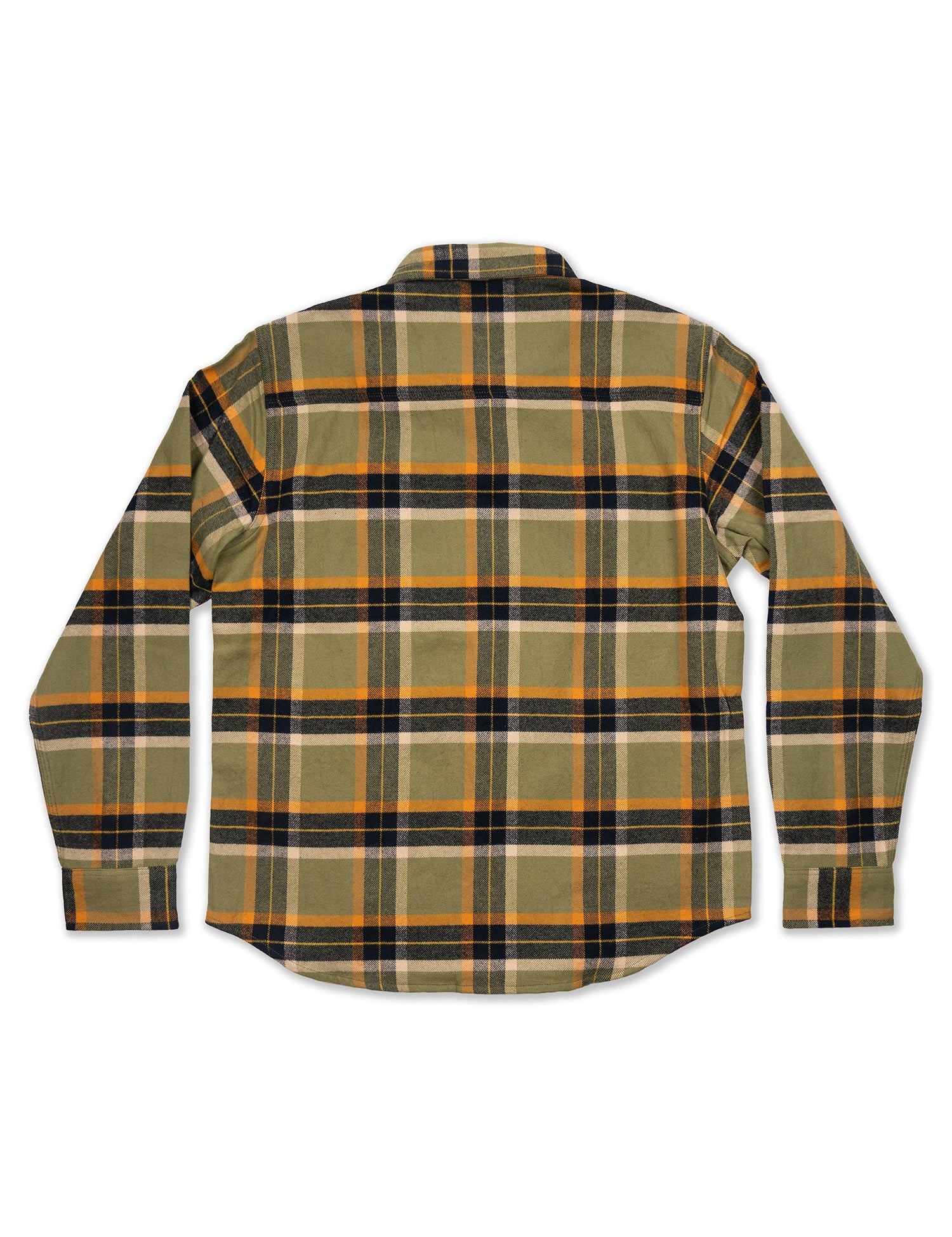 Green and orange plaid flannel shirt with long sleeves and a classic collar, displayed flat against a white background.